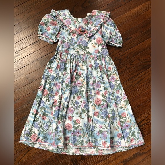 *EUC* Rare Editions Girls 8 Vintage Pink/Blue Floral Puff Sleeve A-Line Dress - Picture 1 of 12